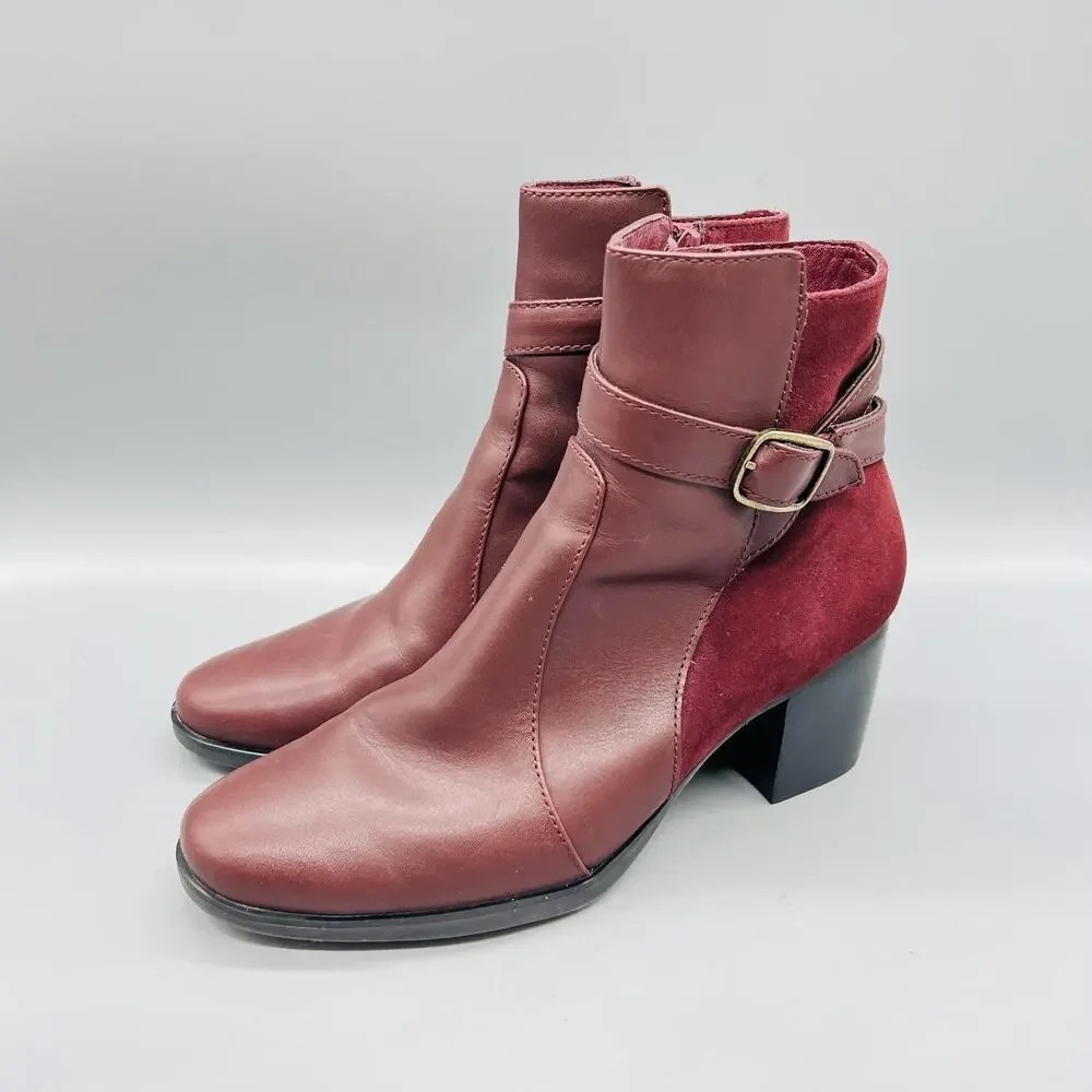 Aetrex Boots Womens 7.5 Red Leather Rebecca Ankle Buckle Zip Block Heel Booties
